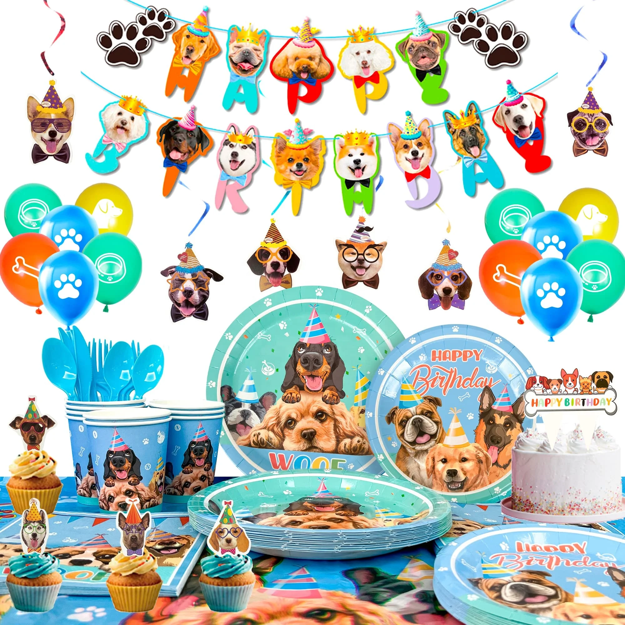Pet Birthday Party Decorations Pull Flag Banner Birthday Hat Bow Tie Dog Paw Balloon Party Decoration Set