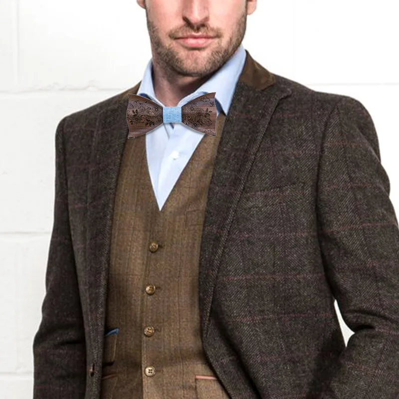 3D Wood Bowtie Handkerchief Cufflinks Sets for Mens Suit Wooden Bow Tie Bowknots Wedding Party Ties Cotton Engraving Cravat