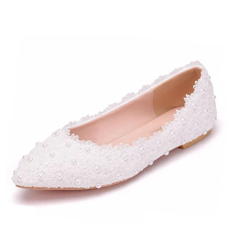 
High quality product designer classic wedding shoes lace and pearl material fashion flat heels ladies shoes 