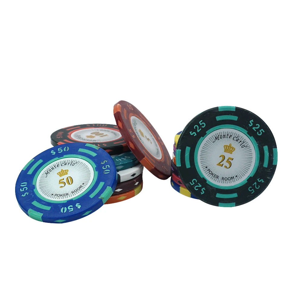 High quality 14g casino monte carlo clay poker chips 40mm three tone with royal crown number sticker from factory for games