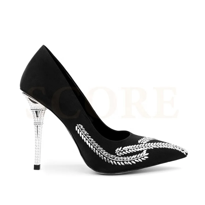 2021 trendy pointed toe metallic heel black pump high heel pole dance prom shoes