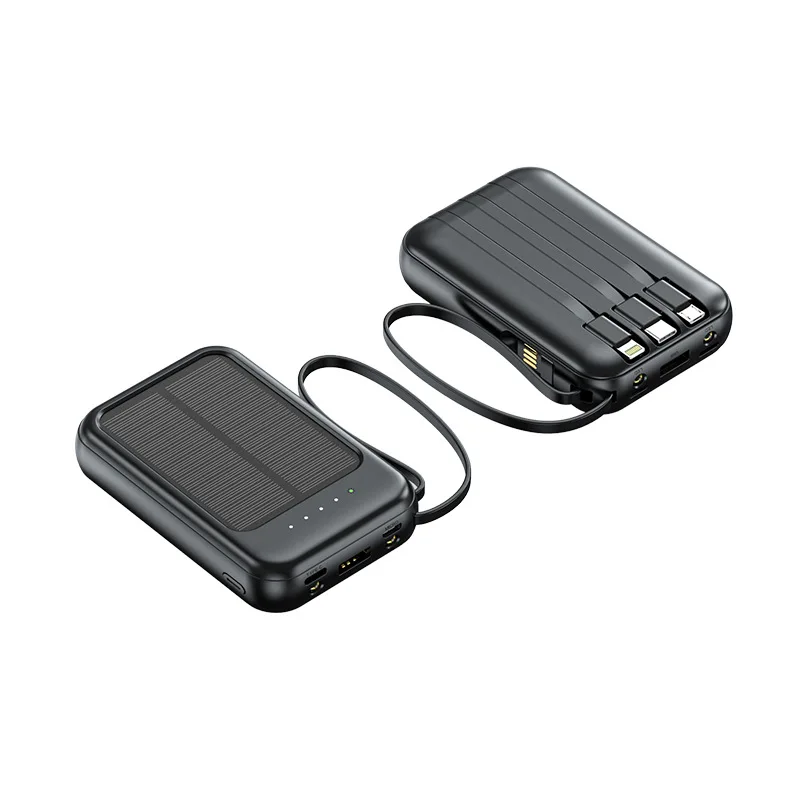 2025 Trends Portable Mini Slim 10000mAh Solar Powerbanks Travel Charger Built-In Charging Cables External Battery Power Bank