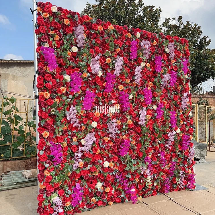 MSFAME Outdoor Silk Red Rose Flowers Wedding Decoration 3D Flower Wall Backdrop
