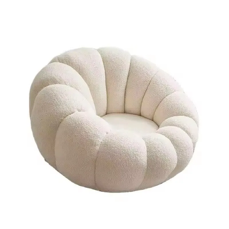 Single Lamb Velvet Leisure Sofa Chair for Bedroom Cute Milk White Balcony Fabric Upholstery with Cotton Filling