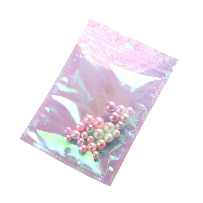 Laminated Holographic Bag Seal Zip Lock Plastic Rainbow Packaging Laser Pouch Transparent Jewelry Earring Bag