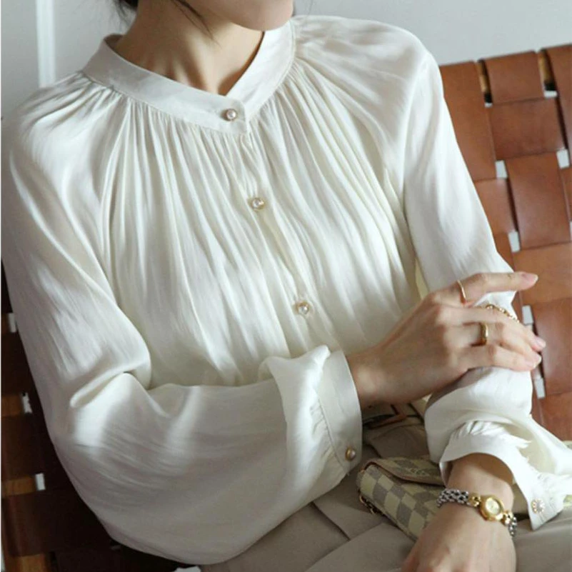 Spring 2021 Boutique White Blouse Retro Court Style Satin Blouses Women Long Sleeve Shirt Top For Women