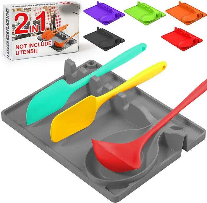 New Silicone soup spoon holder 2 in 1  Silicone Spoon Rest for Stove Top, Upgraded Utensil Rest with Drip Pad Include 5 Slots &