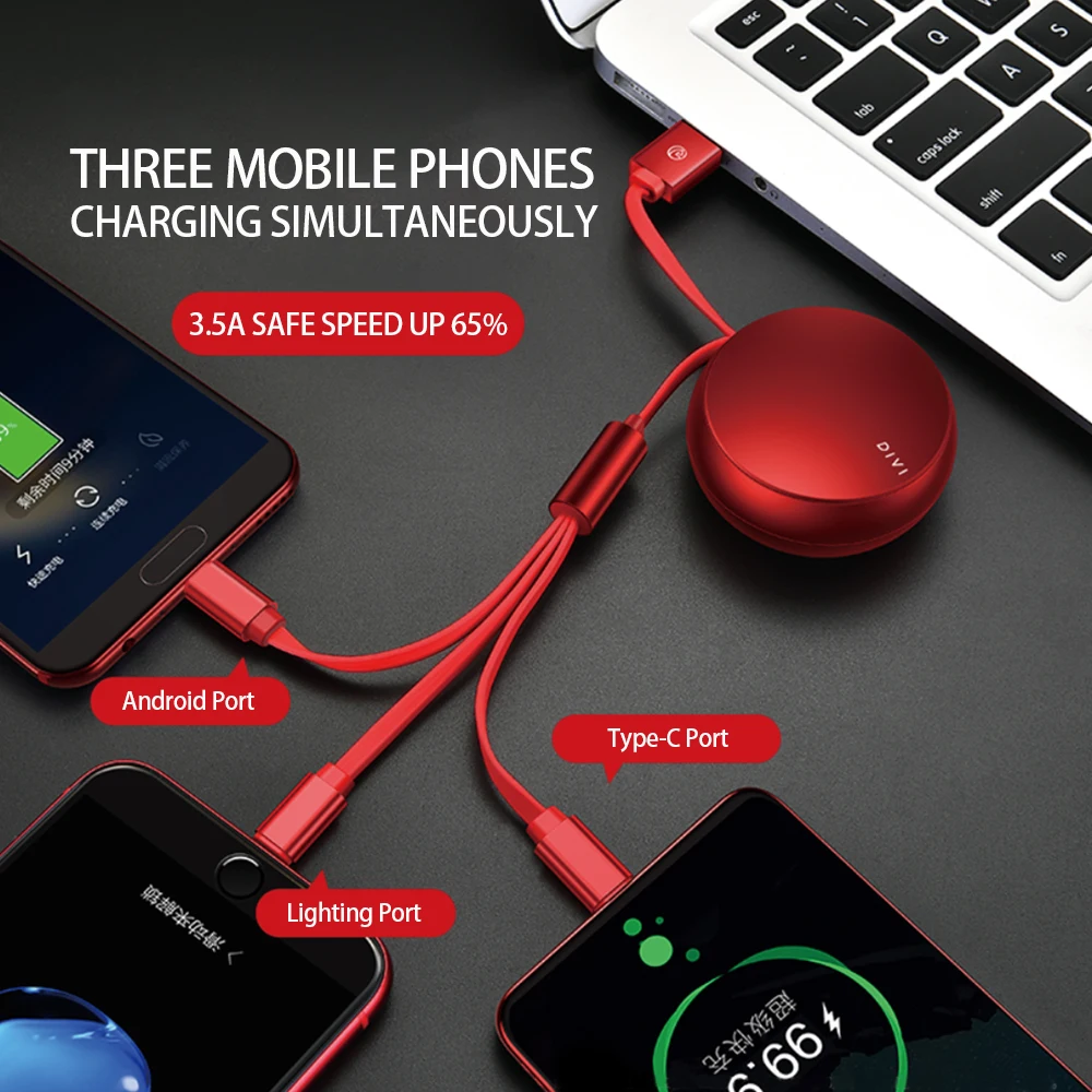 
DIVI 3 In 1 Retractable Fast Charging Usb Data Cable For IPhone For Android 