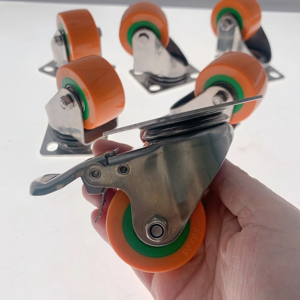 50mm Stainless Steel Heavy Duty PU Casters Wheel With Brake 2 Inch Low Gravity PU Casters Wheel With Double Bearing