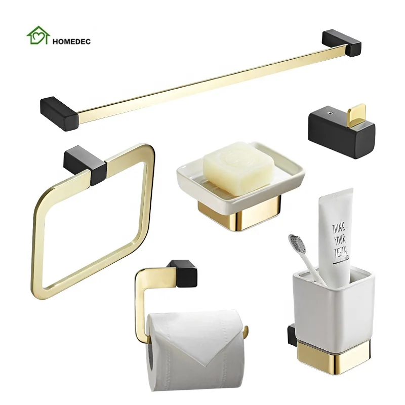 2021 modern hotel black gold wall mount stainless steel towel rack bathroom accessories set for 6