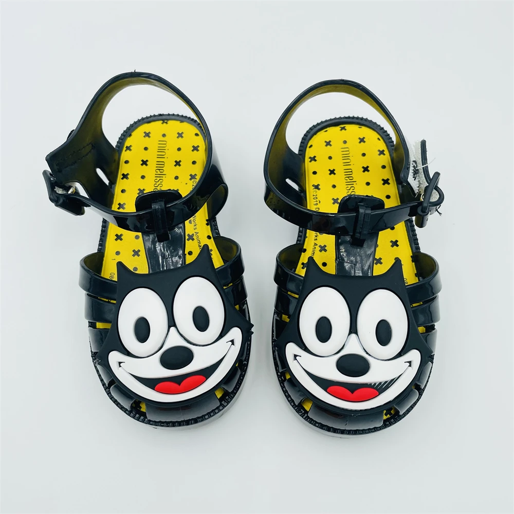 Новая летняя Уличная обувь; Нескользящая подошва; Модные женские римские сандалии; С мультипликационным принтом «головa кота Детские свадебные туфли с украшением в виде кристаллов детская сандалии желеобразного вида