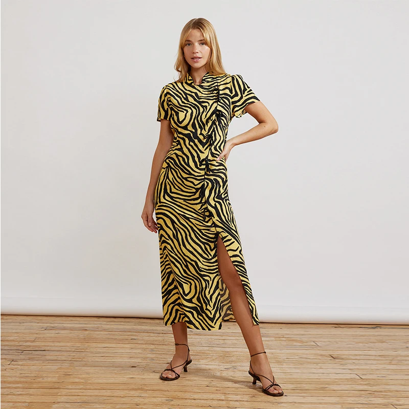 Customized Casual Ladies Mandarin Collar Short Sleeves Yellow Zebra Print Side Slit Cheongsam Maxi Long Dress For Women