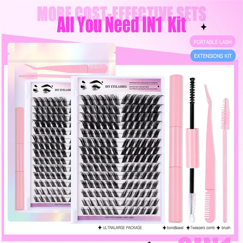 14-Row DIY Segment Fox Contour Lashes Tweezers Glue Natural Eyelashes Extension Multipack Kit Dramatic Winged Silk Eyelash Model