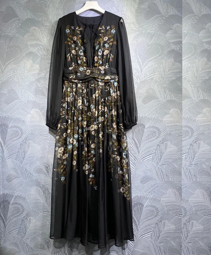 New 2023 Summer Long Dress High Quality Clothing Women Bow Deco Vintage Floral Prints Casual Party Long Sleeve Maxi Dress Black