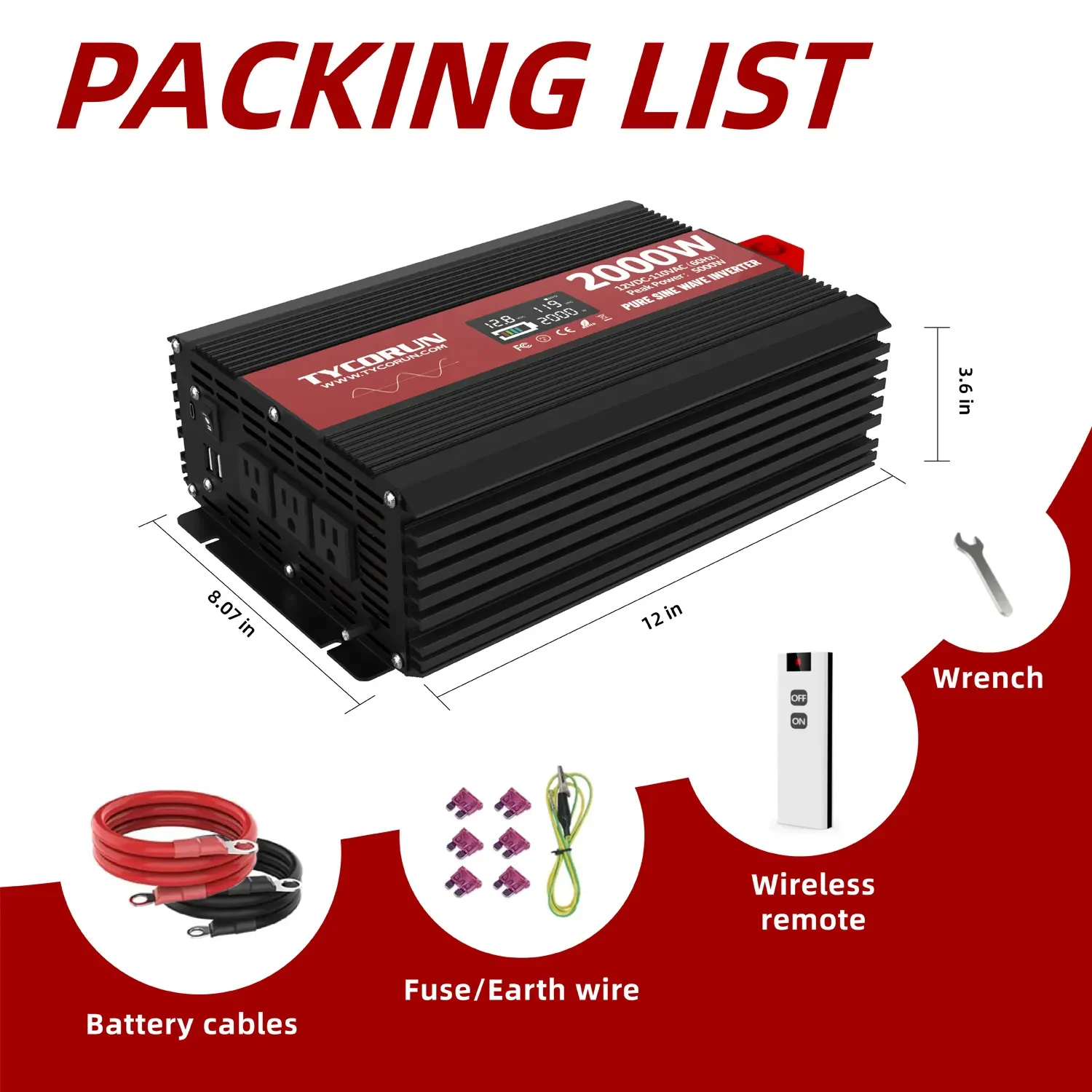 Tycorun 2000w pure sine wave inverter 12v dc to 120v ac converter
