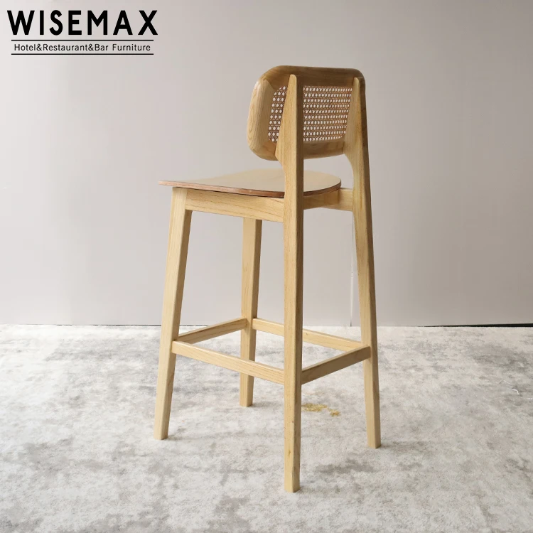 WISEMAX FURNITURE Modern High Back Wooden Rattan Bar Stool Chair Cane Wicker Dining Chair for Restaurant Cafe