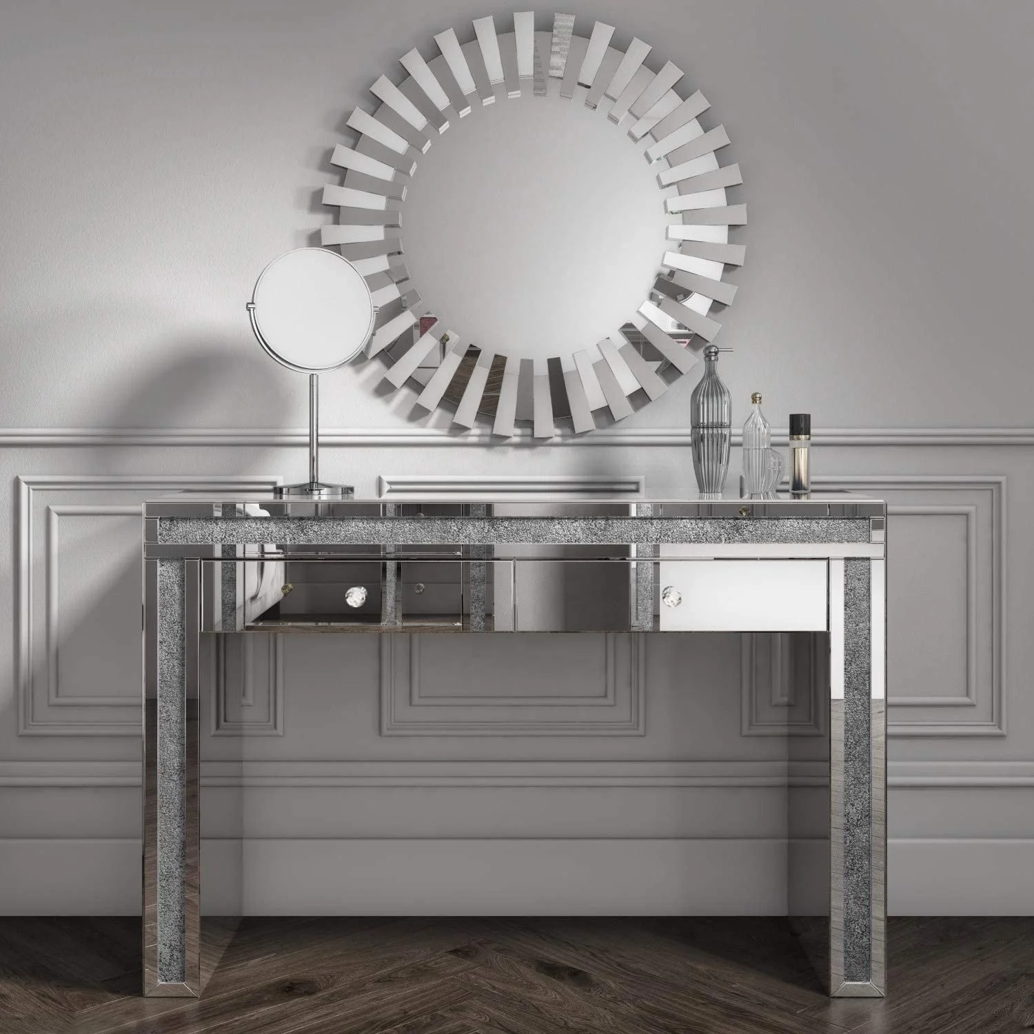 
Contemporary Luxury Visonnaire Corridor Foyer Silver Long Mirrored Wall Console Table with Mirror 