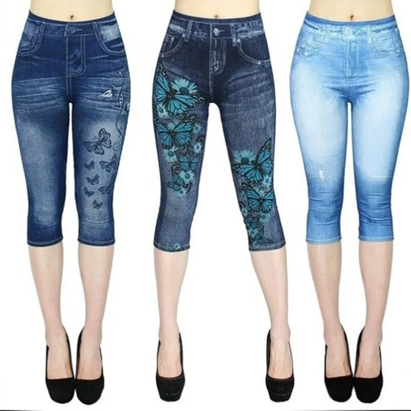 New Faux Jeans Leggings Women Stretch Printed Short Leggins Calf-Length Pants Summer Breeches High Waist Jeggings