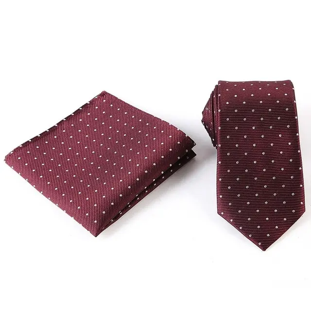 black and white polka dot polyester neck tie and pocket square set for man