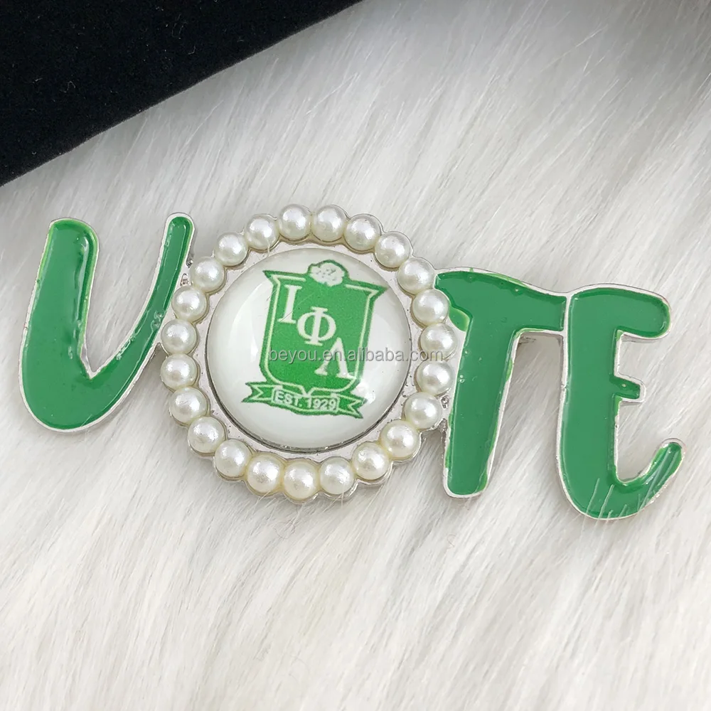 Green Enamel lota Phi Lambda VOTE Shield Logo Symbol White Pearl Surround Lapel Pin Brooch Jewelry for Women