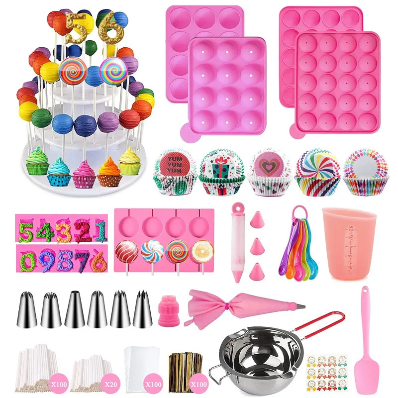 Hot Cake Pop Maker Kit 556pcs Silicone Lollipop Mold Set Baking Supplies With 3 Tier Cake Stand Chocolate Candy Melting Pot