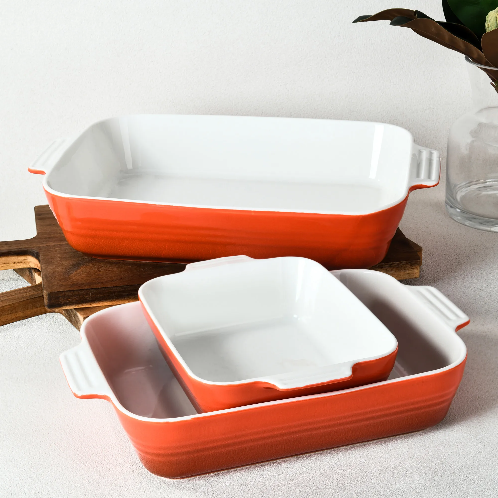 Hot Sale New French Red Cake Baking Tray Pan Square Bake King Ceramic Bakeware With Handles for Brownie