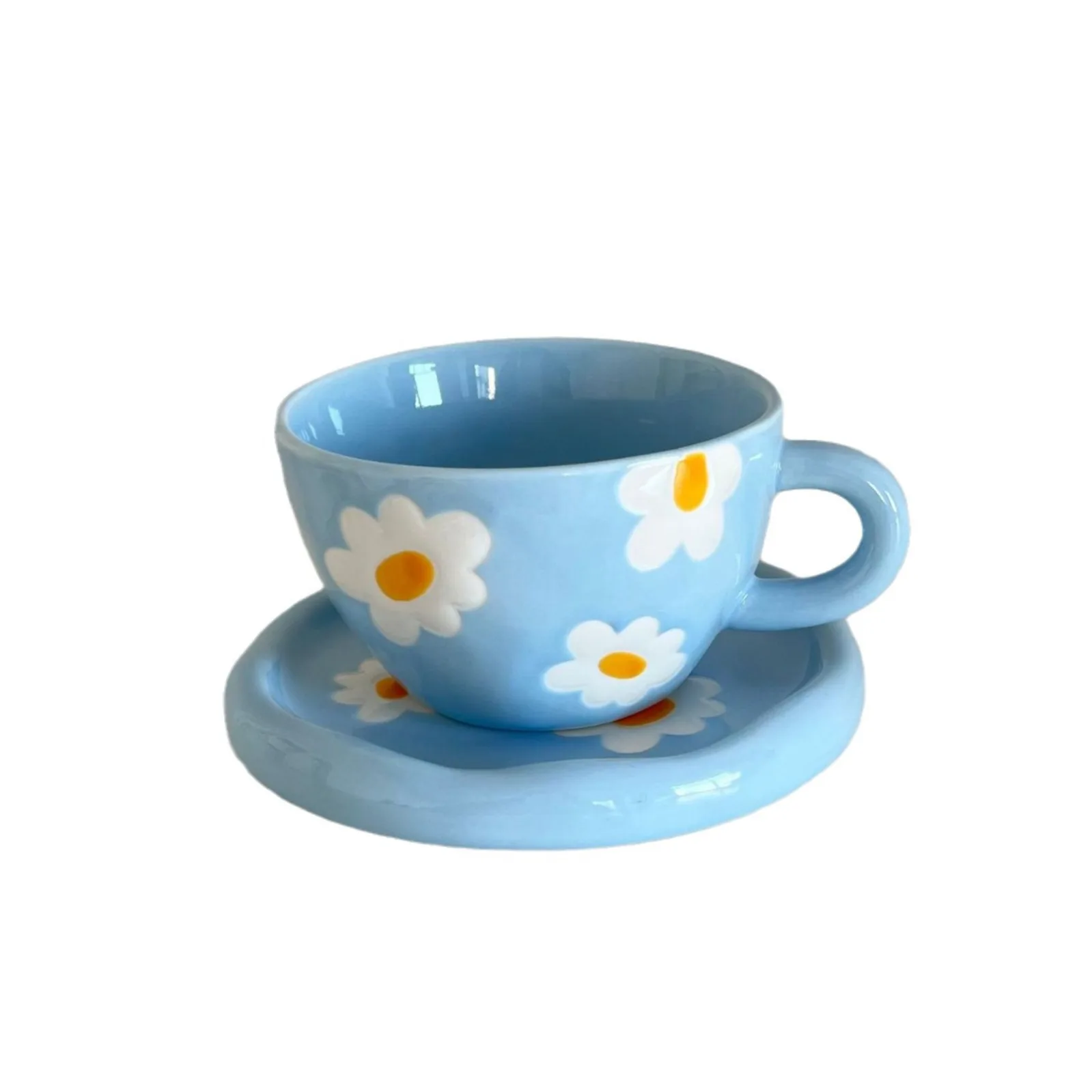 Adorable Hand-painted Egg Flower Ceramic Mug Set  High Quality Coffee Cup and Saucer with Tray