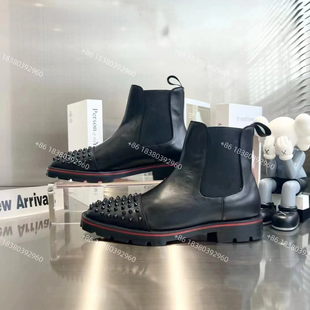 Top Quality Red Bottom Genuine Leather Designer Motorcycle Winter Ankle Boots For Men Studded Original Adult Hiking Boots