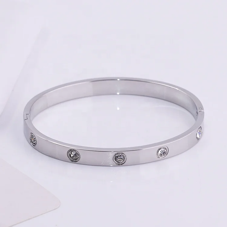 wholesale custom 316L stainless steel fashion jewelry 18K gold plated crystal classic love cuff bracelet bangle for women men