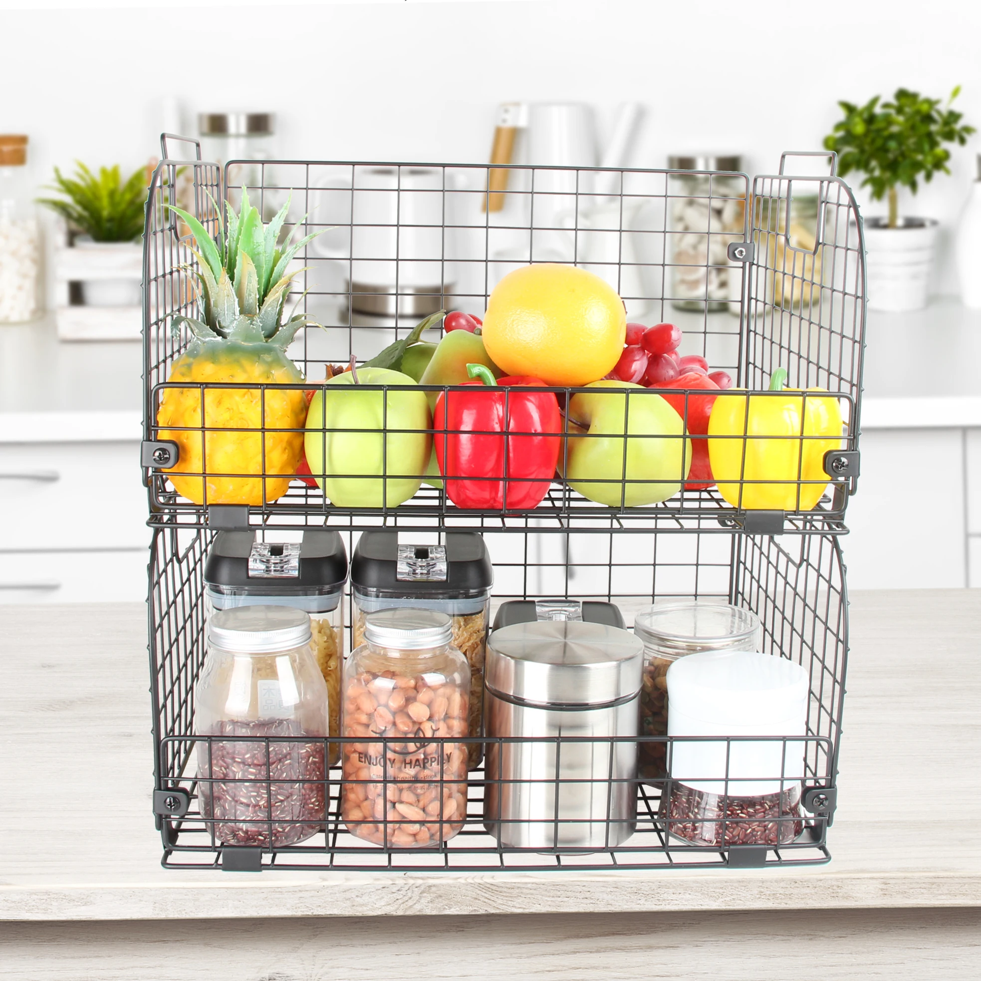 Foldable Metal Stacking Open Front Vegetable Collapsible Stackable Black Iron Wire Fruit Storage Basket