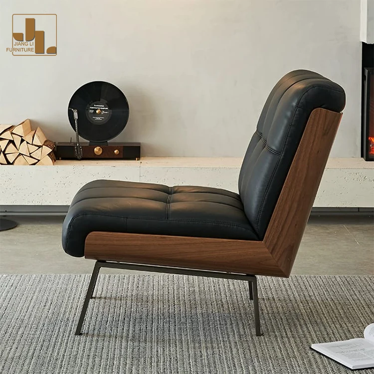 Nordic Walnut Color Wood Frame Leather Upholstered Lounge Chair Modern Living Room Hotel Luxury Accent Arm Chair Furniture