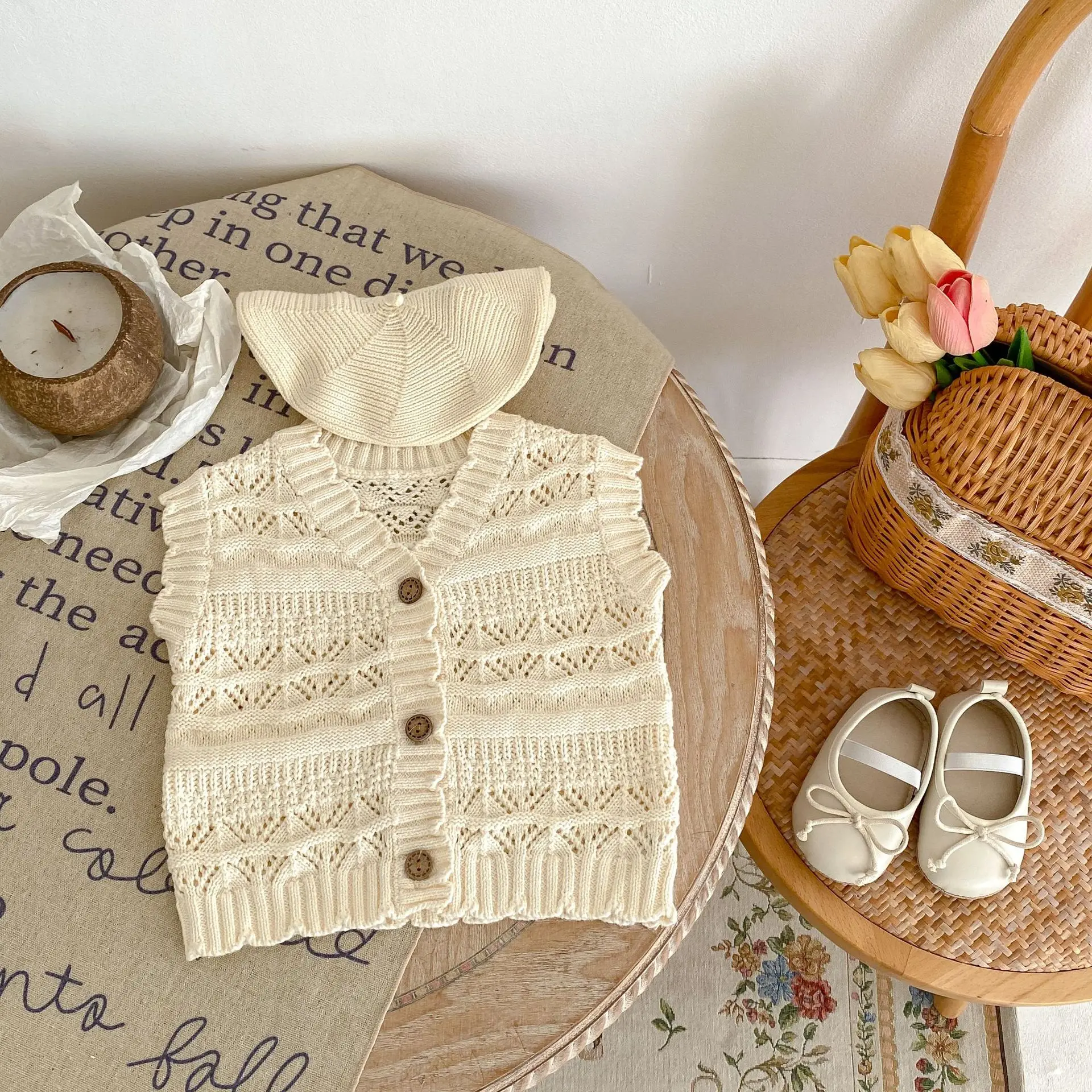 Spring Autumn Infant Toddler Girl Hooked 100% Cotton V-Neck Vest Tank Sweater Baby Knitted Cardigan