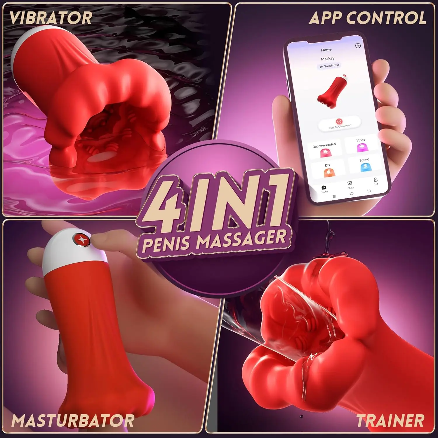 Aimitoy 4 IN1 Penis Vibrator Pocket Pussy Pump with 9 Training Stroker Modes App Remote Control Big Mouth Male Masturbator