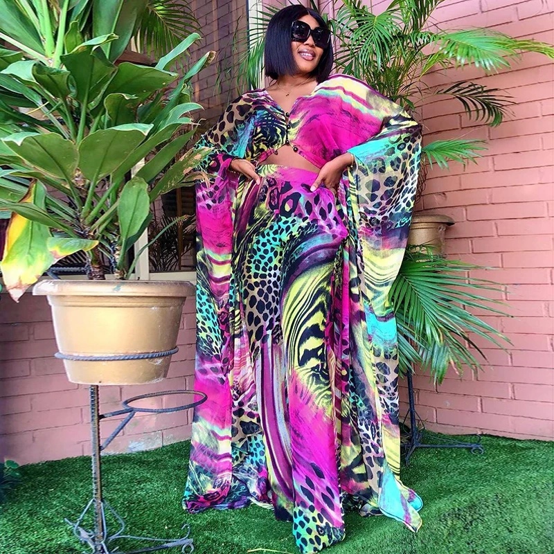 Printed Chiffon Long Cardigan Pants Two Piece Set African Clothes Women Fashion Suit