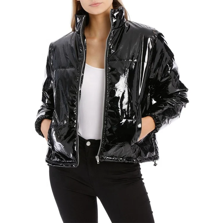Black High Shine Vinyl Puffer Woman Puffer Cool Padded Winter Wear Jacket Coat