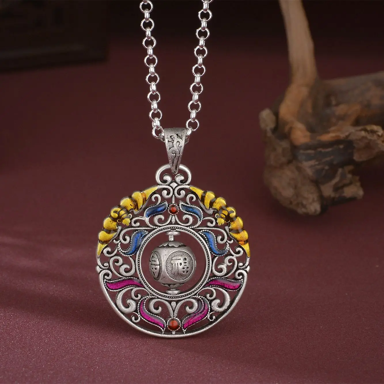 Chinese Vintage Thai Silver Plated Lucky Attract Rotating Ball Necklace Six Character Mantra Colored Enamel Gourd Necklace