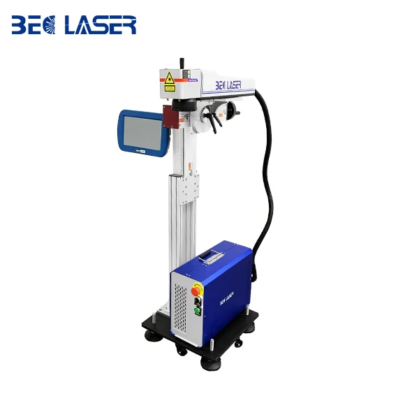 BEC LASER Online fiber flying laser marking machine for large-scale metal marking pipe line wire 50W laser printer