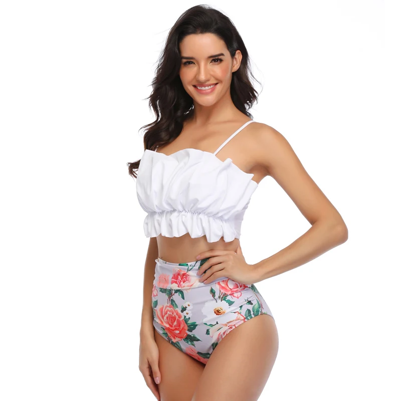 Женский купальник белый плиссированный топ с цветочным принтом и высокой талией плавки для плавания