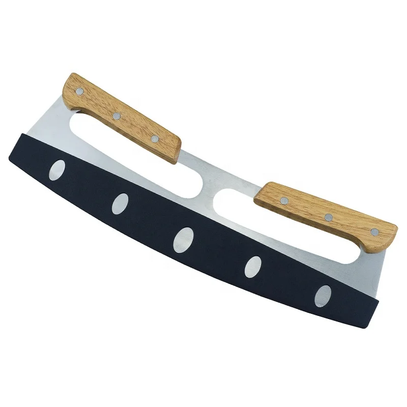 2024 New Products Kitchen Top Seller Mezzaluna Cover Blade Mezzaluna Chopper Knife Pizza Cutter Slicer Knife With Double Wooden