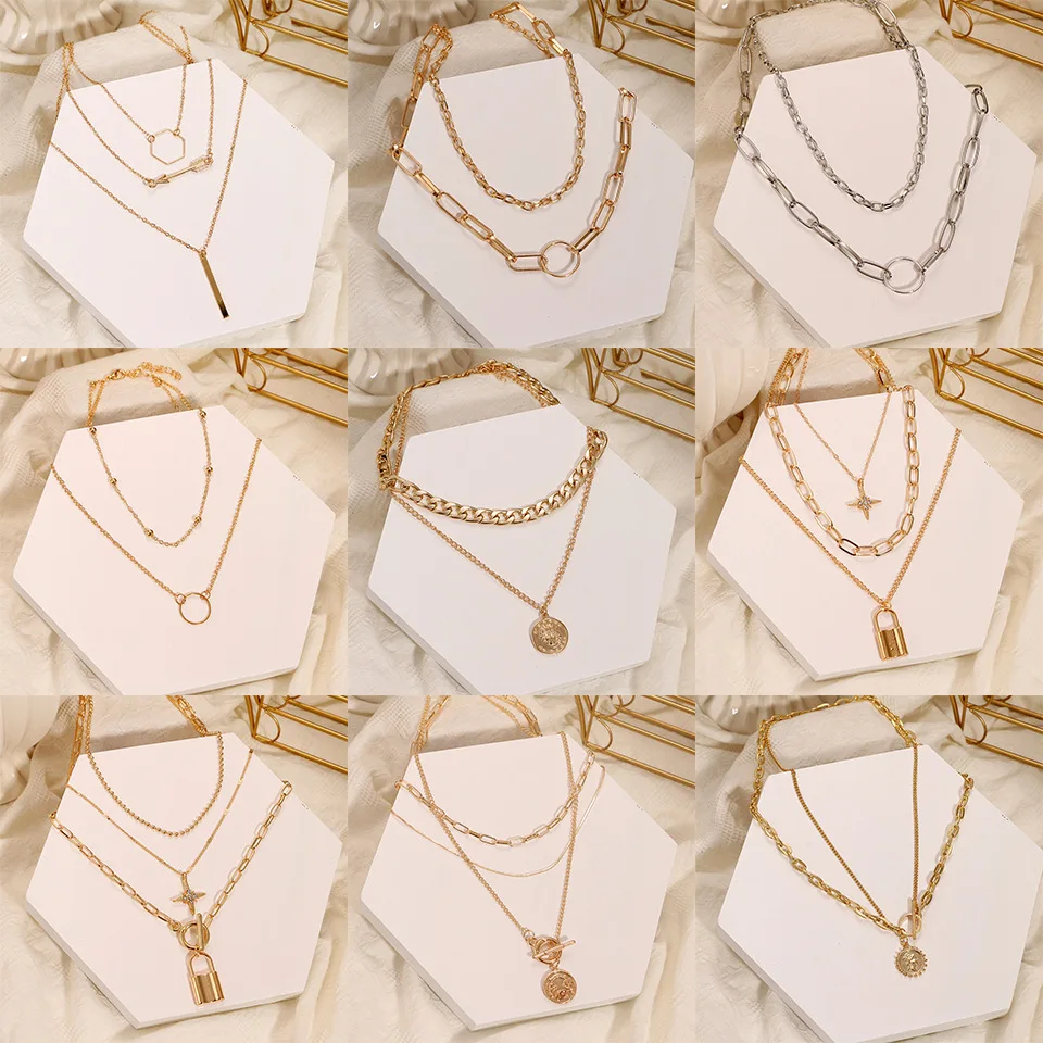 Punk Gold Coin Pendant Necklace Cuban Multilayer Chunky Thick Chain Pearl Choker Butterfly Necklaces Jewelry Party