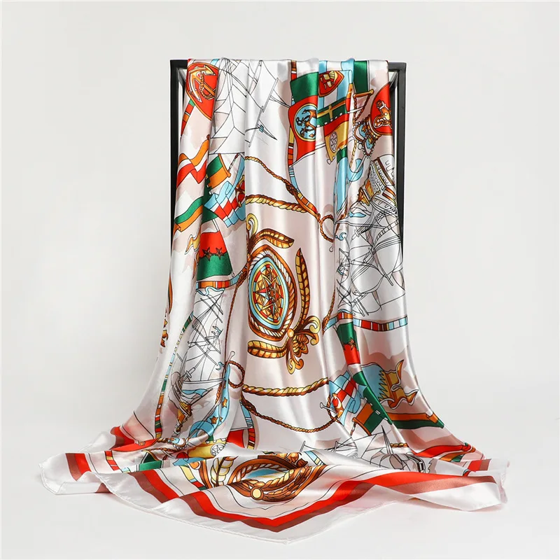 In Stock 2024 New Arrival Imitated Silk Satin Silk Scarf Luxurious Sailboat Anchor Print 90 * 90 square Scarf Milk Silk Shawl