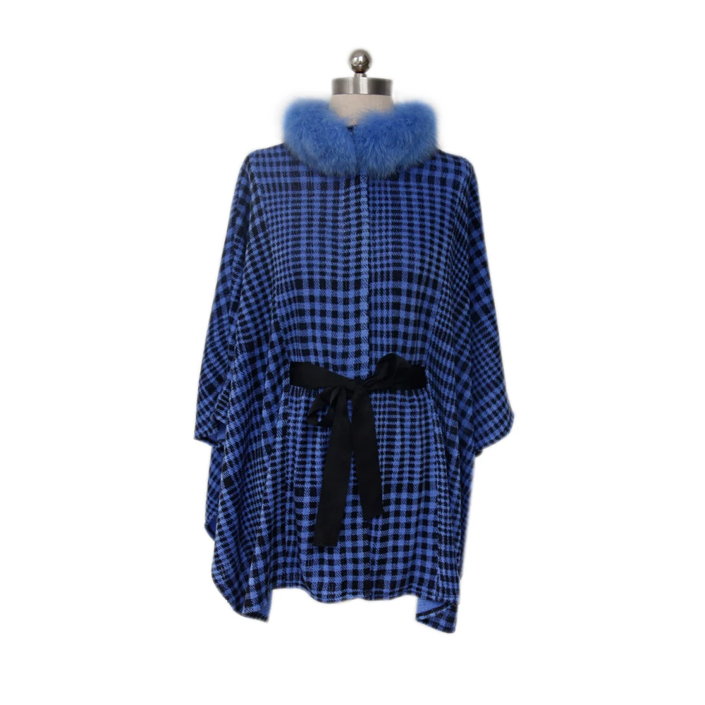 Женское Вязаное пончо 12gg пальто с воротником из натурального Лисьего меха женская накидка отделкой синего