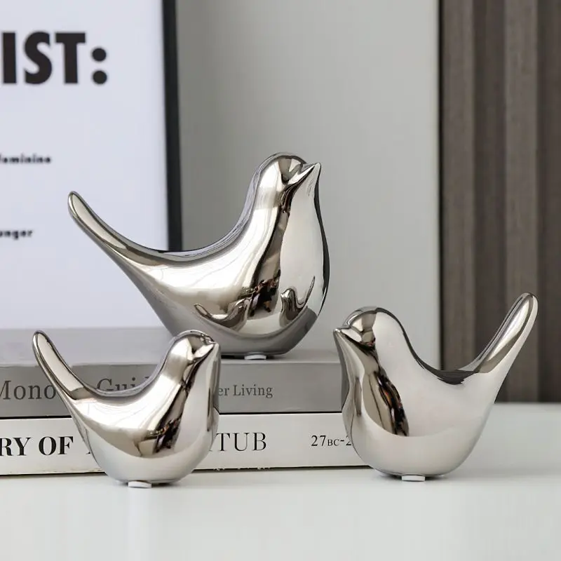 wholesale small animal crafts statues home table decors modern silver bird decorative sculpture ceramic bird figurines ornaments