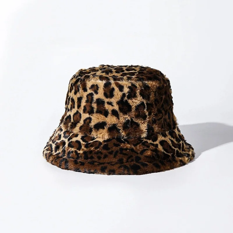 Winter Warm Gradual Leopard Pattern Fisherman Hat with Fake Fur Warm Ear Protect Adjustable Basin Hat Wholesales