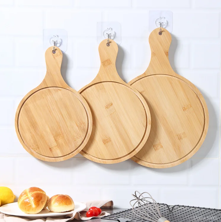 Bamboo round handle pizza food holder and cutting board