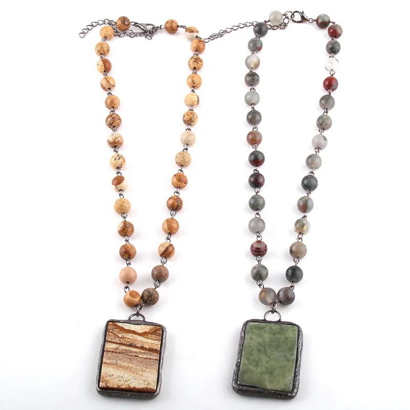 Fashion Women Ethnic jewellery necklace Natural Stone Black Rosary Chain Amazonite Stone Rectangle Round Pendant Choker Necklace