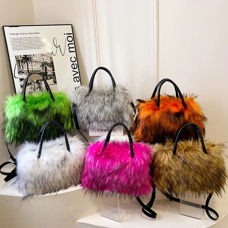 wholesale fashion retro women bag autumn and winter handbag large capacity fluffy plush long fur bag shoulder tote bag