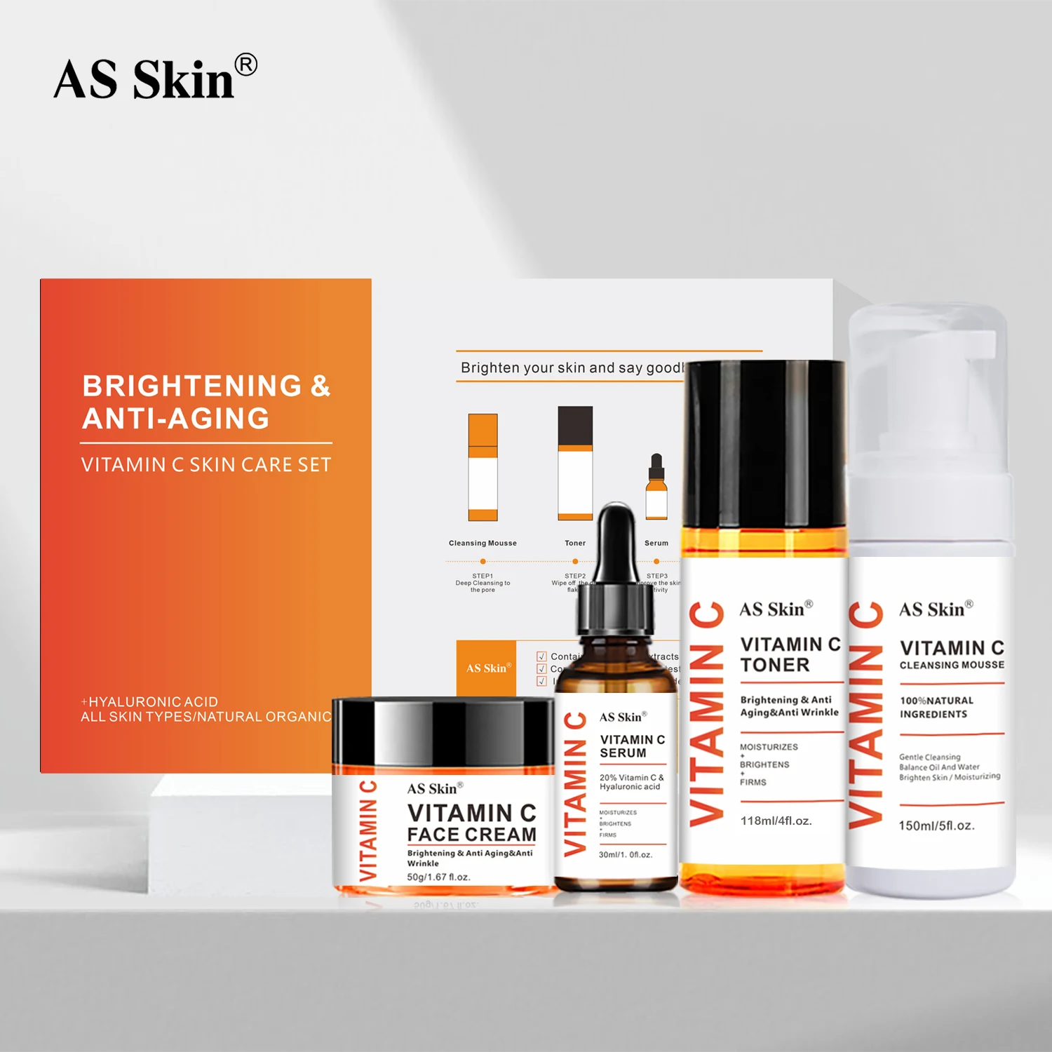 OEM Natural Facial Anti-Aging Wrinkle Whitening Beauty Skincare Private Label Organic Vitamin C Skin Care Set