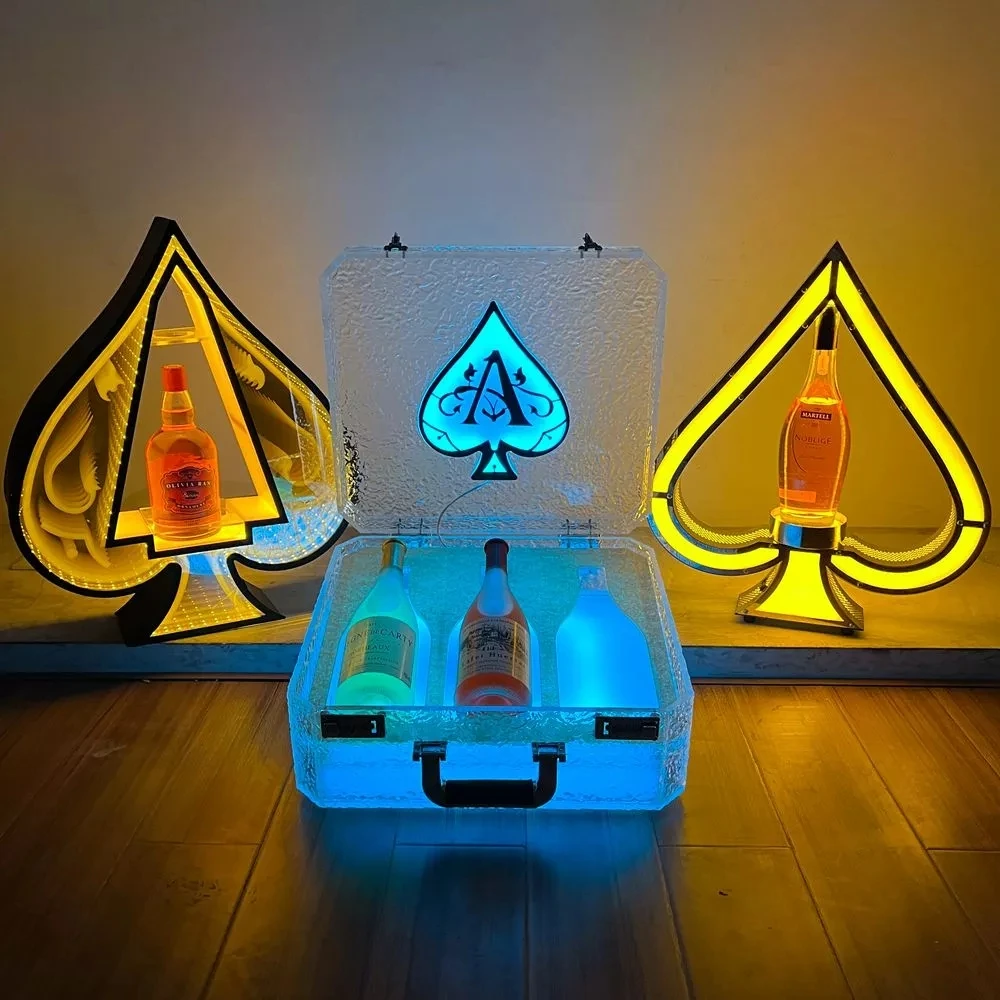 Customized Acrylic 3 Bottles Led Color Changing Bottle Presenter Tray Carrier Box Ace Of Spade Vip Bottle Carry Case for Bar