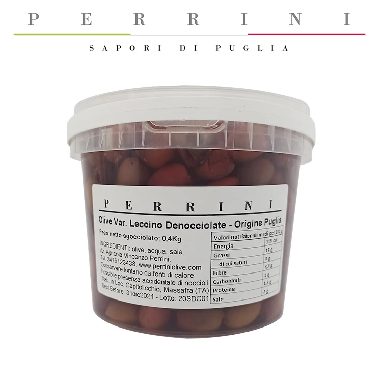 
Маринованные коричневые/черные оливки, Ривьера или лечино Ривьера в маленьком ведре для домашних животных в рассоле Taggiasca 